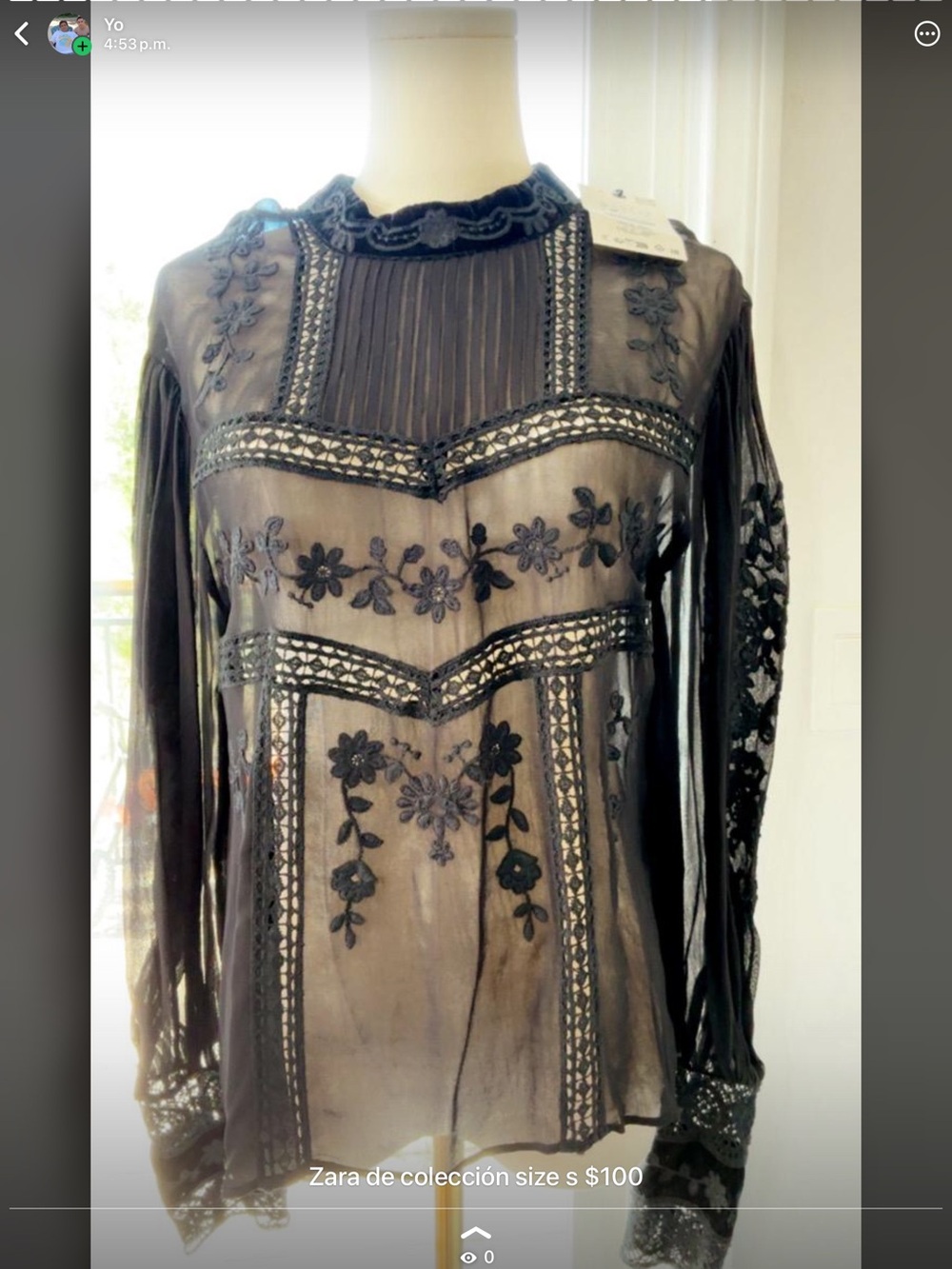 Zara Black Sheer Floral Lace-Trim Blouse
